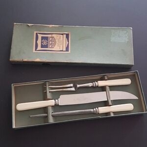 VINTAGE Sheffield England 3 Pc Meat Carving Set Cream Bakelite Handle With Box